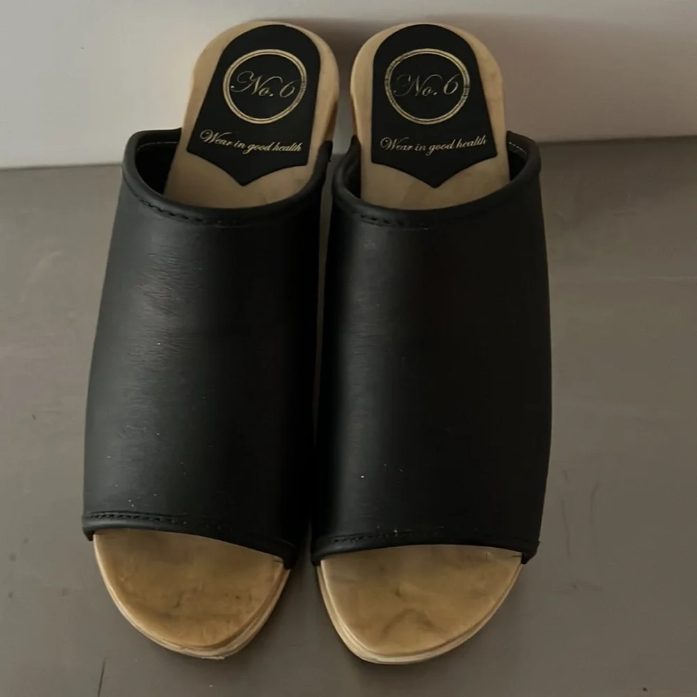 No 6 black leather mid- heel open toe clogs - Picture 2 of 12